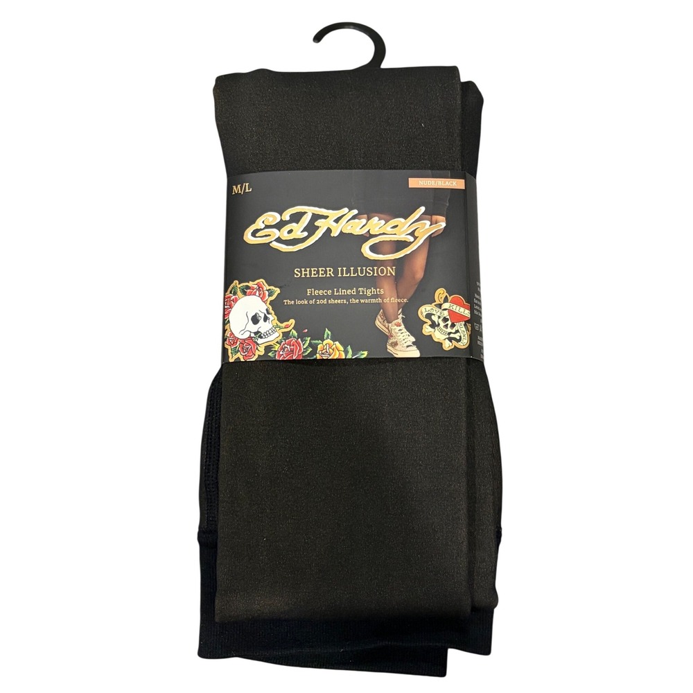 Ed Hardy Sheer Illusion Fleece Lined Tights Nude Black 20D Look M/L SK-EH1116-S